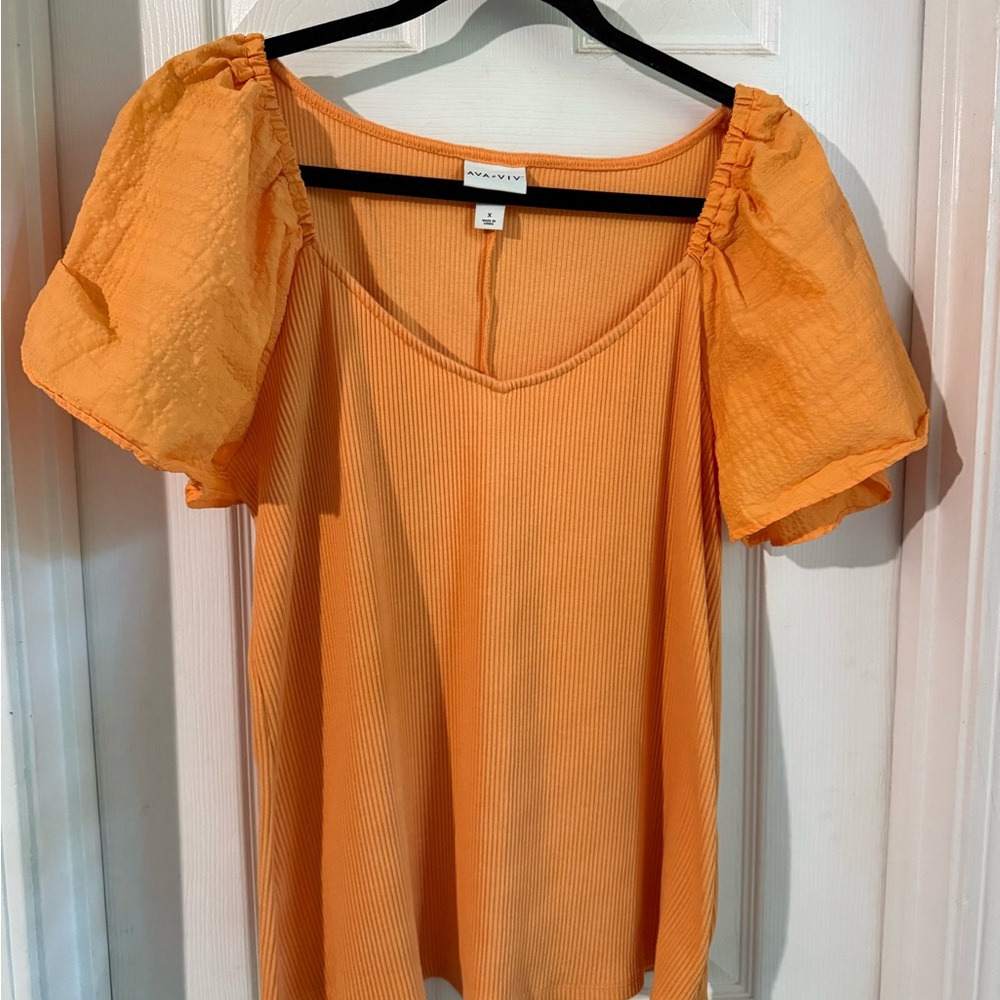 Ava & Viv Vibrant Orange Blouse with Puff Sleeves